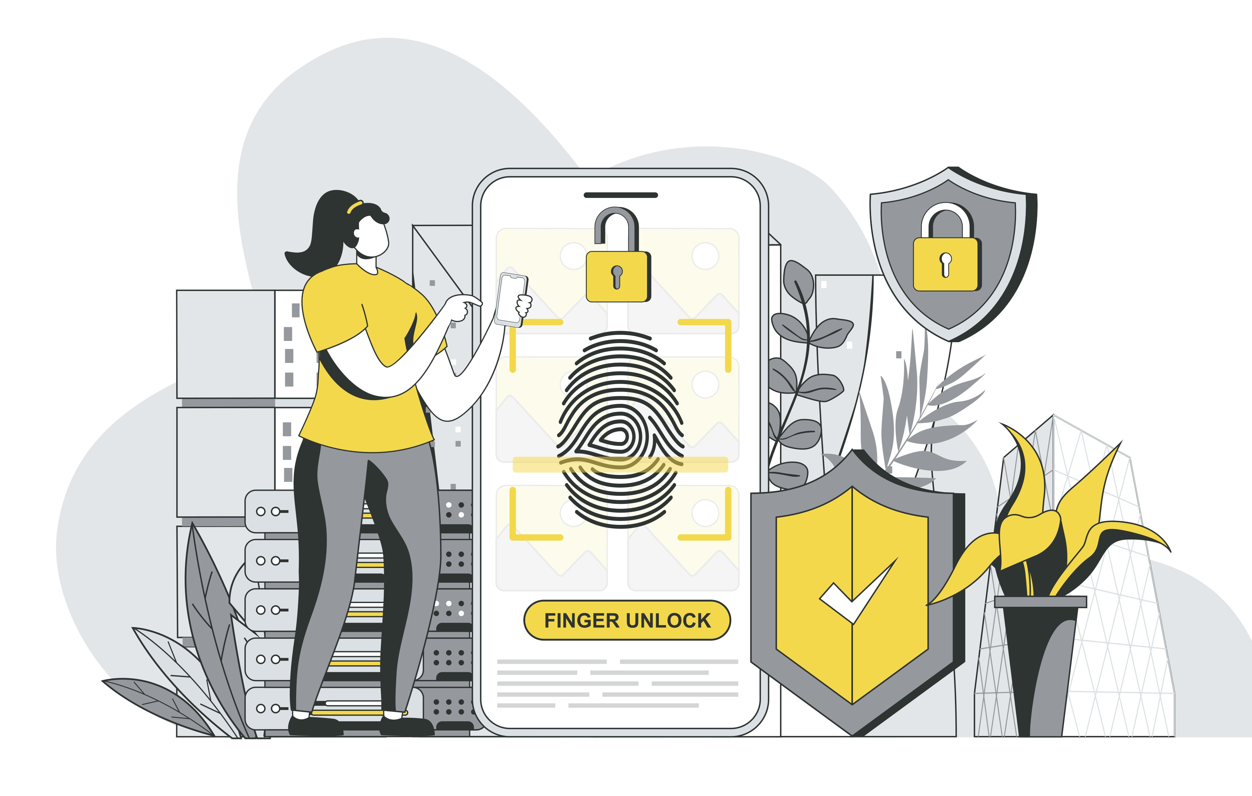 A phone locked down with a fingerprint reader and surrounded by shields / padlocks