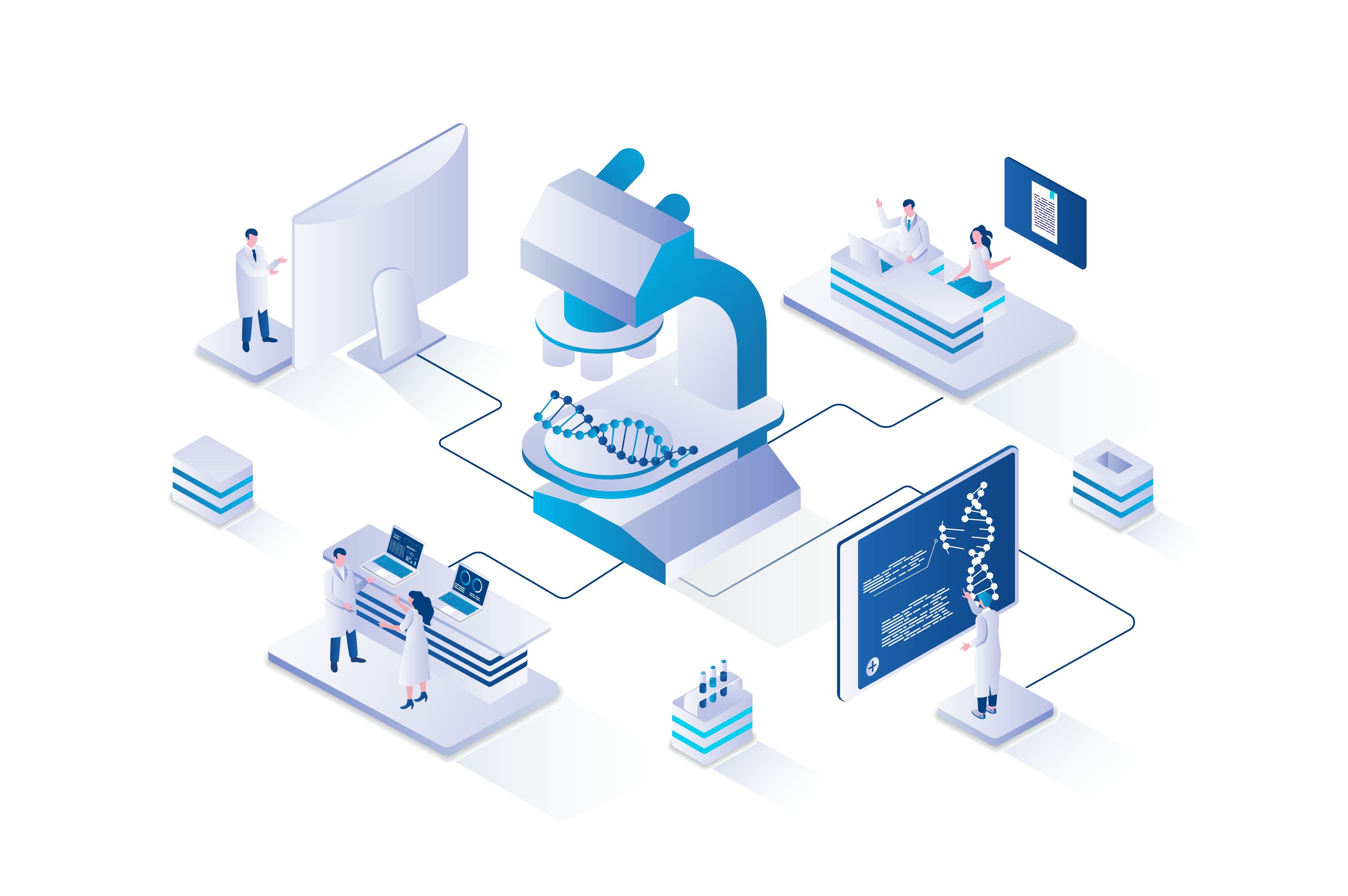 A microscope viewing a DNA helix, connected to computer monitors and desks with various views.