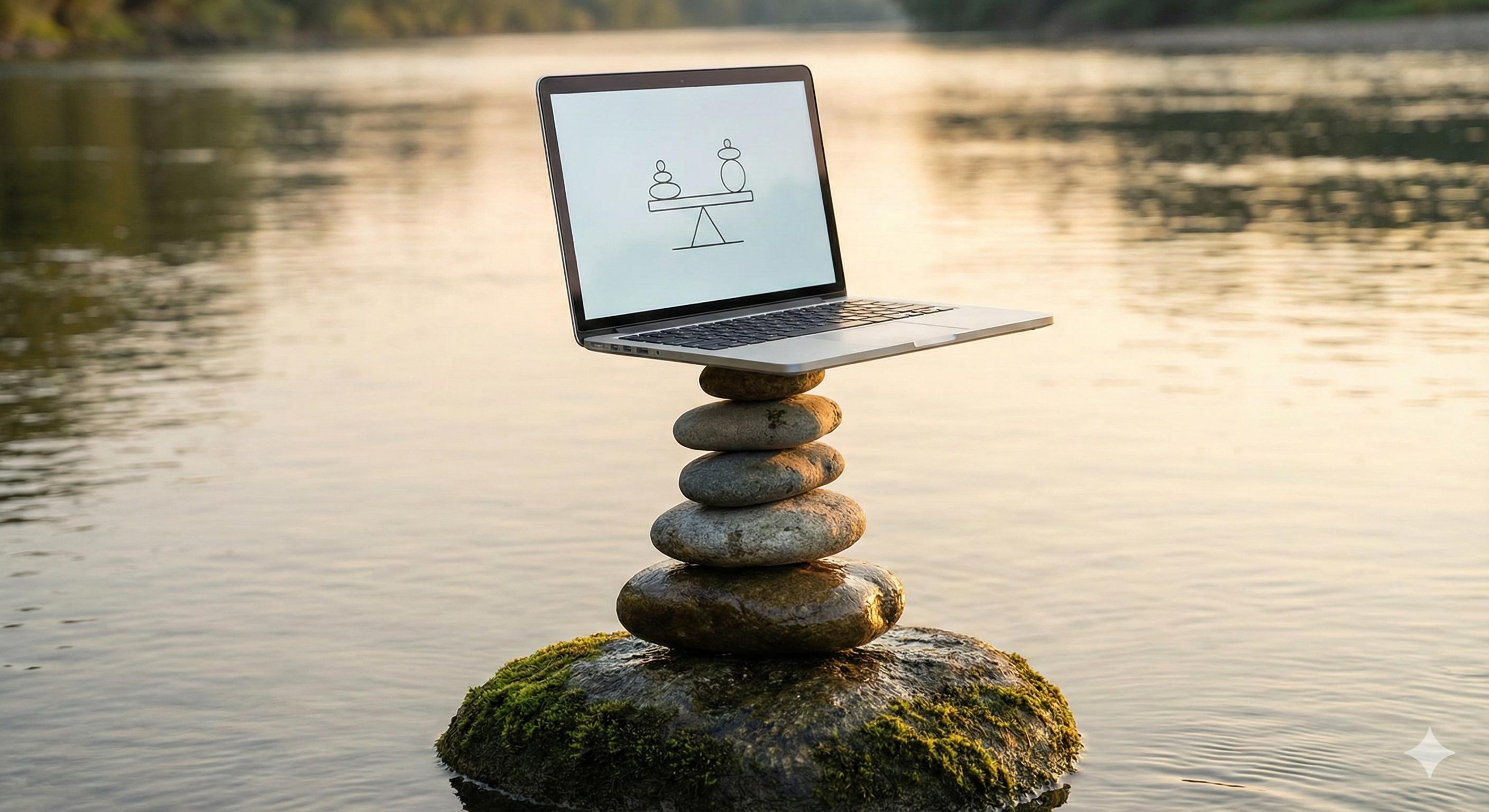 A stack of balanced stones with a laptop balanced on top