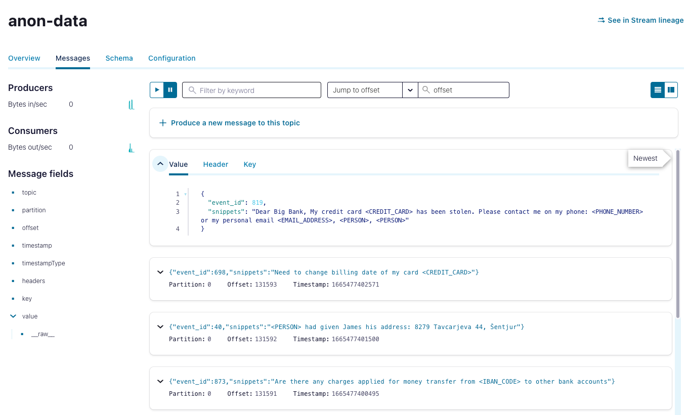 Screenshot of Confluent Cloud showing redacted PII data stream