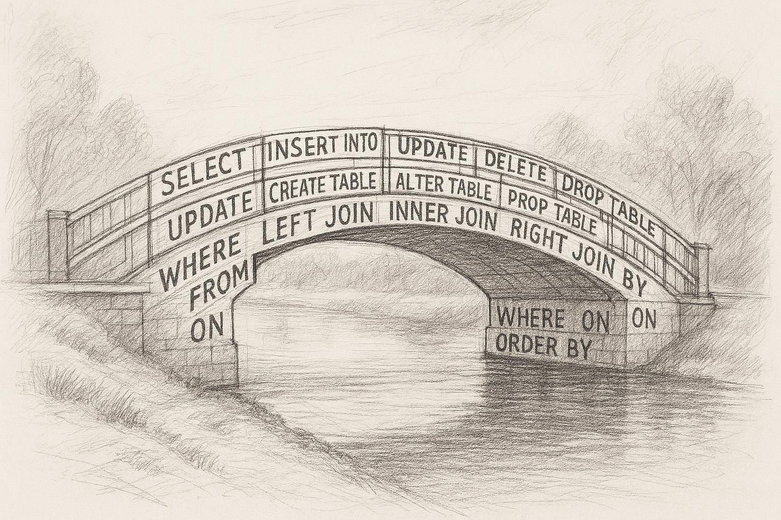 A sketch of a bridge with SQL statements inscribed across it